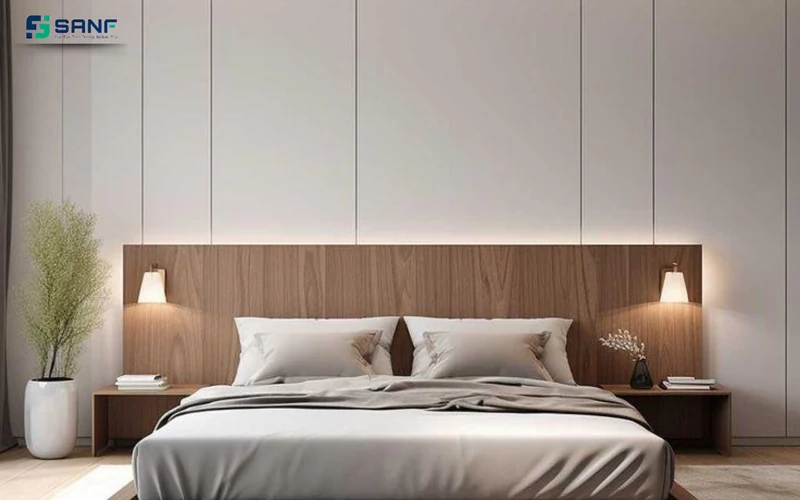 Đầu giường gỗ sáng màu trước tường ốp tấm trắng chia khe đứng có đèn tường hai bên