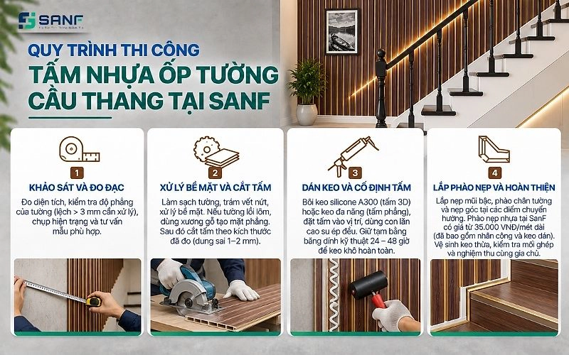 Infographic 4 bước thi công tấm nhựa ốp tường cầu thang gồm khảo sát đo đạc xử lý bề mặt cắt tấm dán keo cố định và lắp phào nẹp hoàn thiện
