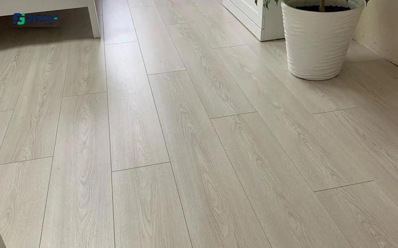 Sàn nhựa giả gỗ trắng gạo ánh xám nhẹ bên chậu cây trắng