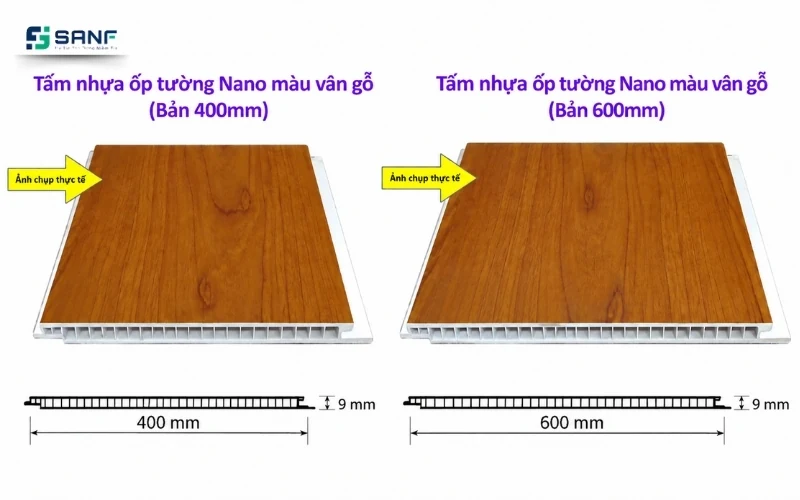 Hình so sánh tấm nhựa ốp tường nano vân gỗ bản 400 mm và bản 600 mm cùng độ dày 9 mm