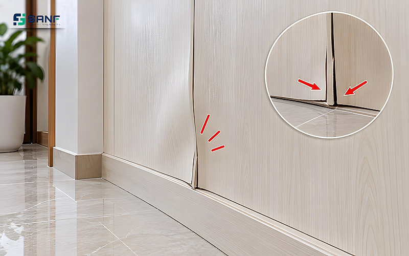 Mối nối tấm nano sát chân tường bị bung và đẩy cao lên có mũi tên đỏ chỉ khe hở ở chân tường