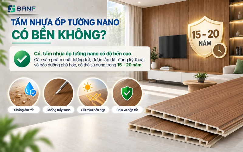 Infographic tấm nhựa ốp tường nano có độ bền cao 15 đến 20 năm với 4 ưu điểm chống ẩm chống trầy xước giữ màu và chịu va đập