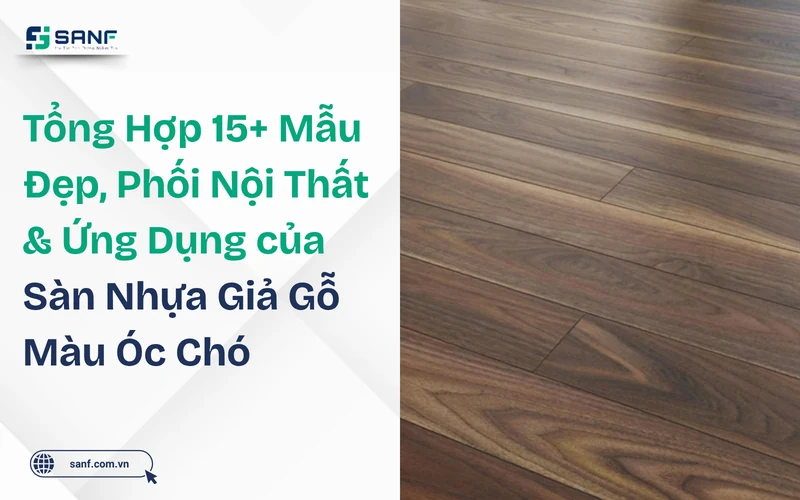 Sàn nhựa giả gỗ màu óc chó tông nâu đậm với đường vân gỗ chạy dọc theo thanh sàn