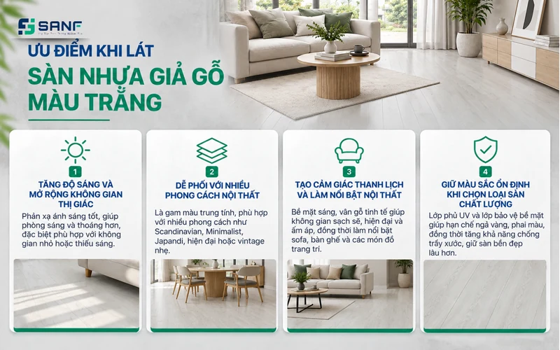 Infographic 4 ưu điểm khi lát sàn nhựa giả gỗ màu trắng từ tăng độ sáng đến giữ màu ổn định