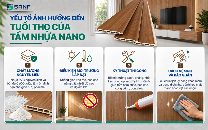 Infographic 4 yếu tố ảnh hưởng đến tuổi thọ tấm nhựa nano gồm chất lượng nguyên liệu điều kiện môi trường kỹ thuật thi công và cách vệ sinh bảo quản